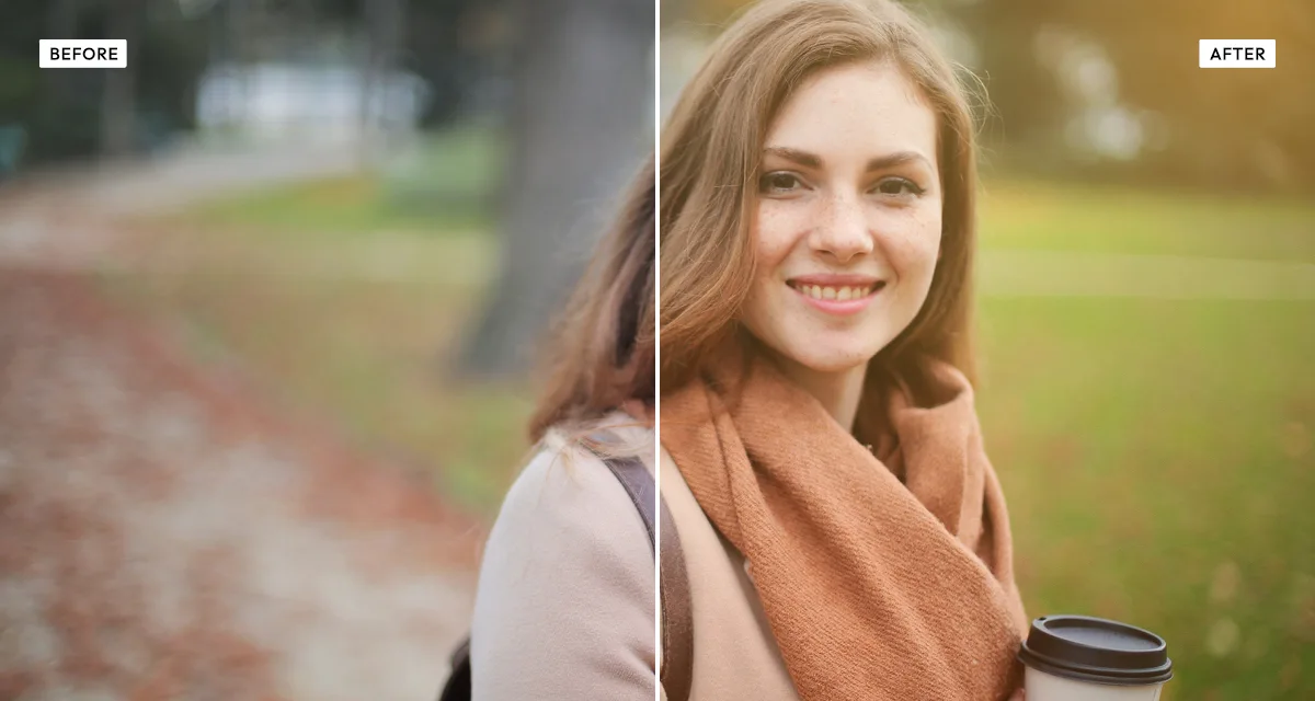 Side-by-side comparison: a portrait of a woman in an autumn park before, and after the retro analog film effect warms the colour, lifts the shadows and adds a golden light leak