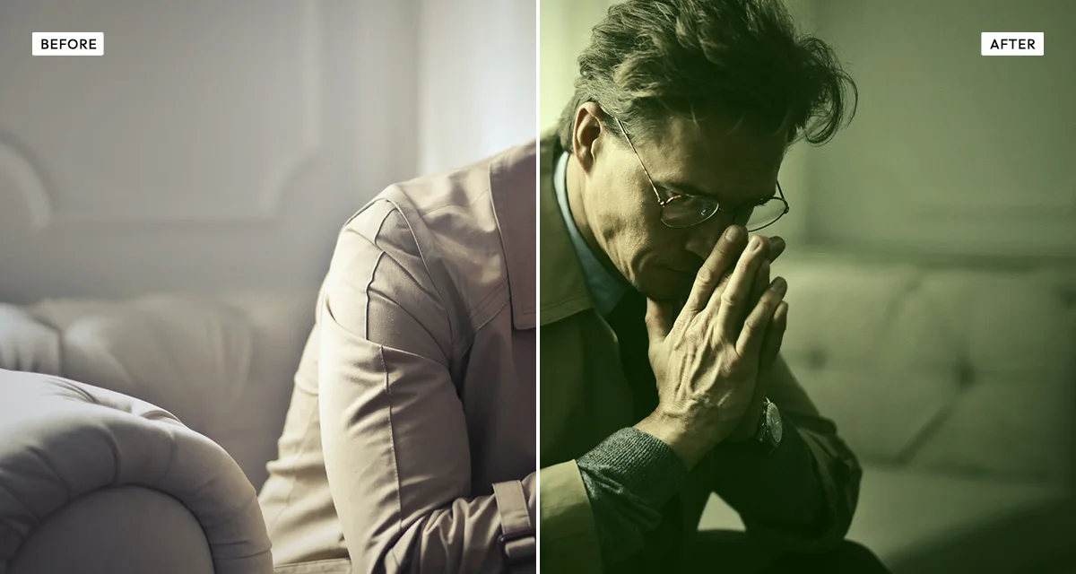 Side-by-side comparison: a photograph before, and after the cinematic verde effect grades it green through the midtones while keeping the highlights warm