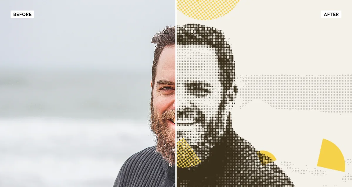 Side-by-side comparison: a photograph before, and after the Coolage effect breaks it into overlapping collage fragments filled with halftone dot patterns