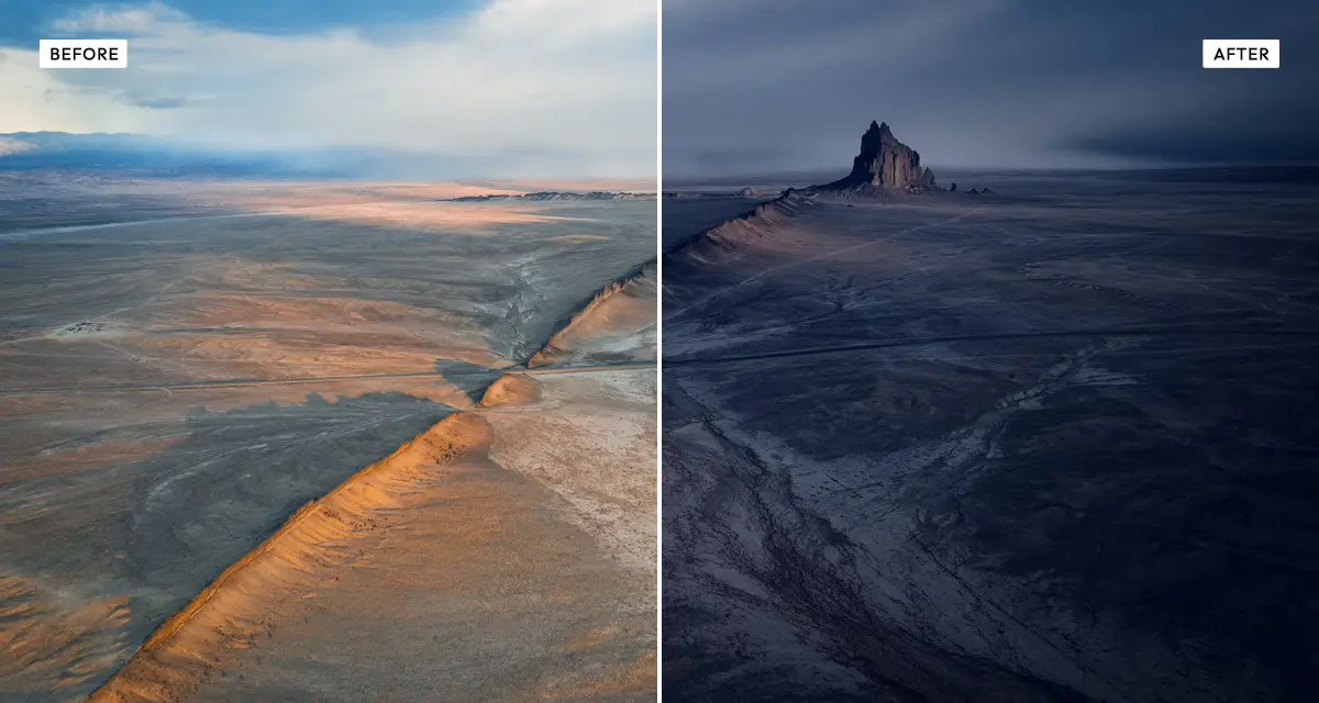 Side-by-side comparison: a daylight photograph before, and after the day to night effect turns it into a cool moonlit scene
