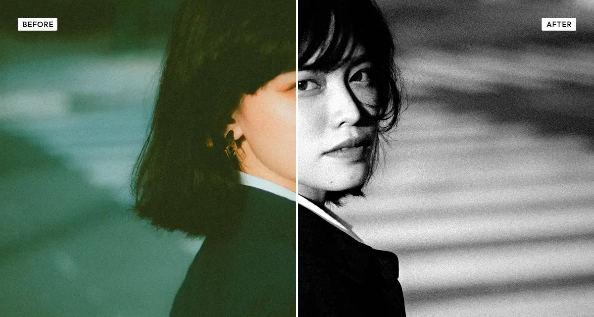 Side-by-side comparison: a colour photograph before, and after the dramatic black and white effect converts it to high-contrast monochrome