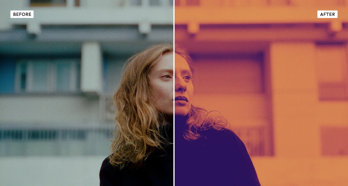 Side-by-side comparison: a photograph before, and after the duotone effect maps it onto two colours running from shadow to highlight
