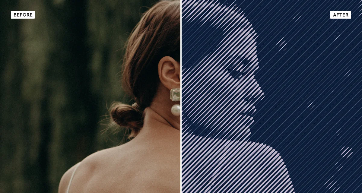 Side-by-side comparison: a photograph before, and after the engrave halftone effect rebuilds it from ruled lines like a steel engraving