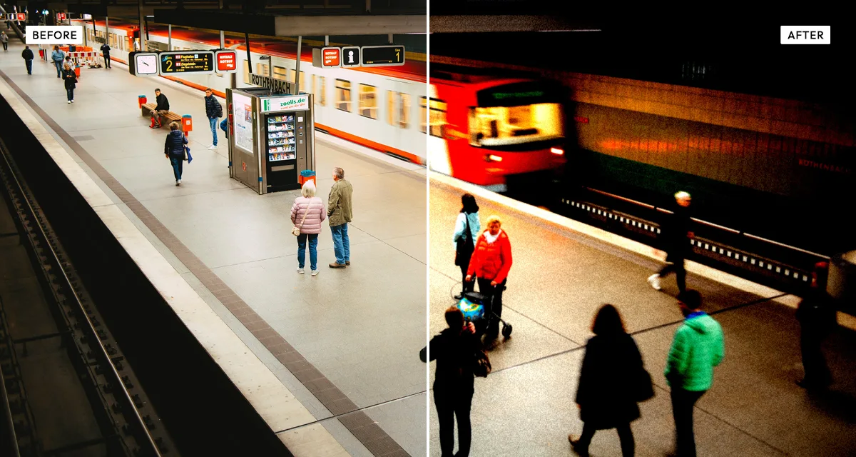 Side-by-side comparison: a photograph before, and after the grainy film poster effect adds heavy push-processed grain with blocked-up blacks and blown highlights