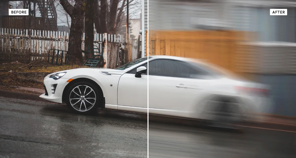Side-by-side comparison: a photograph before, and after the motion blur effect streaks it directionally so the still image reads as movement