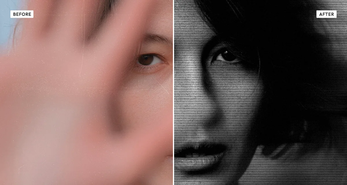 Side-by-side comparison: a photograph before, and after the photocopy scan effect crushes the tones and adds toner streaks and scanline noise