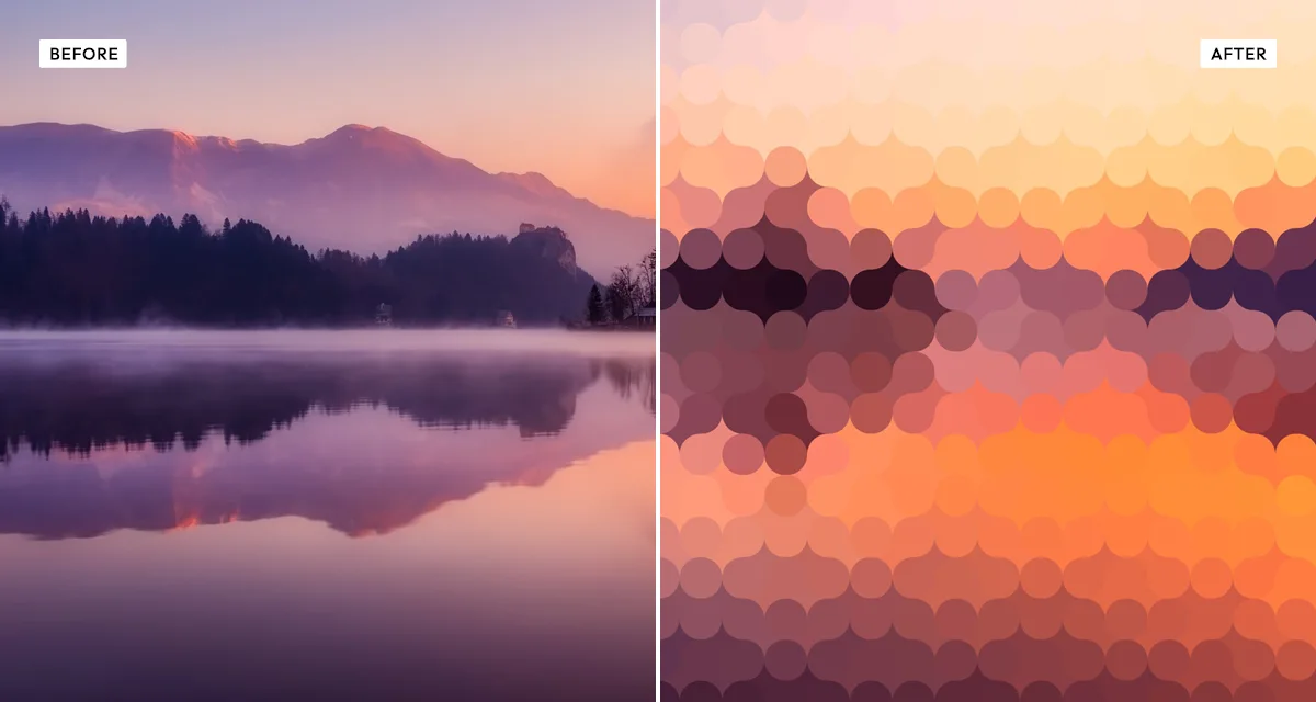 Side-by-side comparison: a photograph before, and after the pixelator effect rebuilds it from rounded mosaic tiles