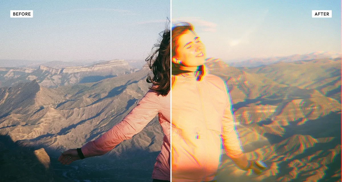 Side-by-side comparison: a photograph before, and after the prismatic light effect adds lens flare and chromatic colour fringing