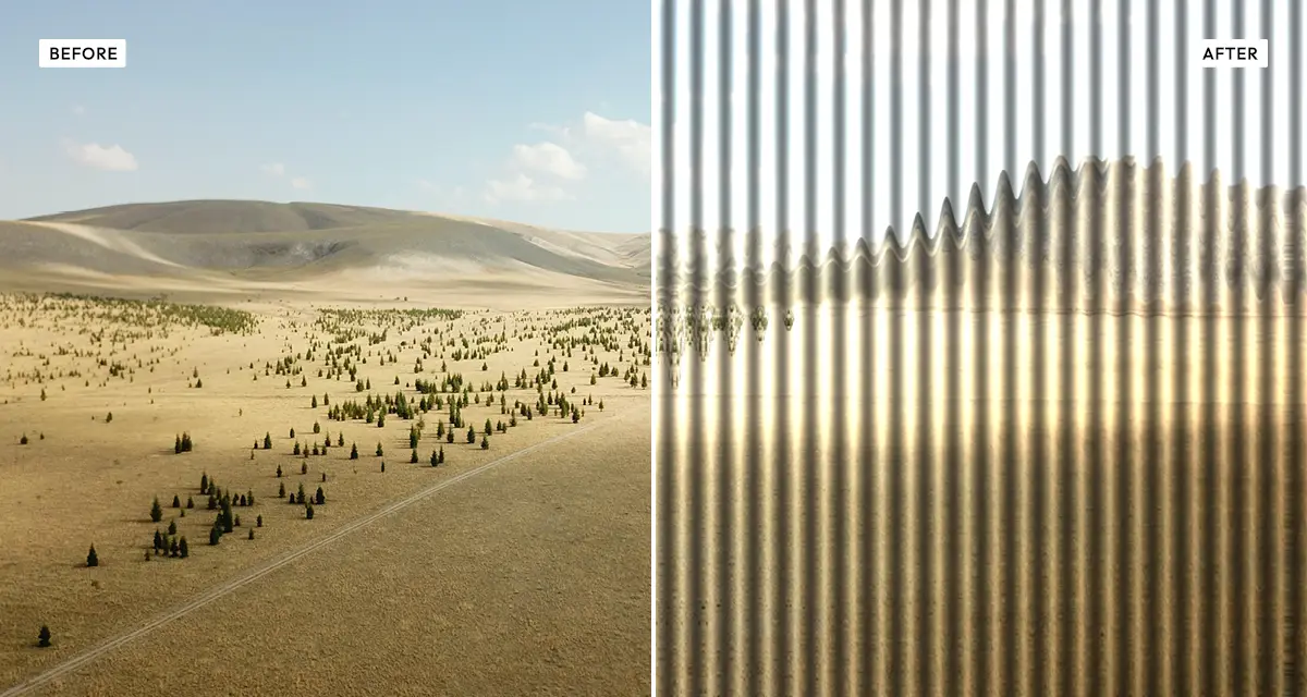 Side-by-side comparison: a photograph before, and after the reeded glass effect slices it into refracted vertical ribs