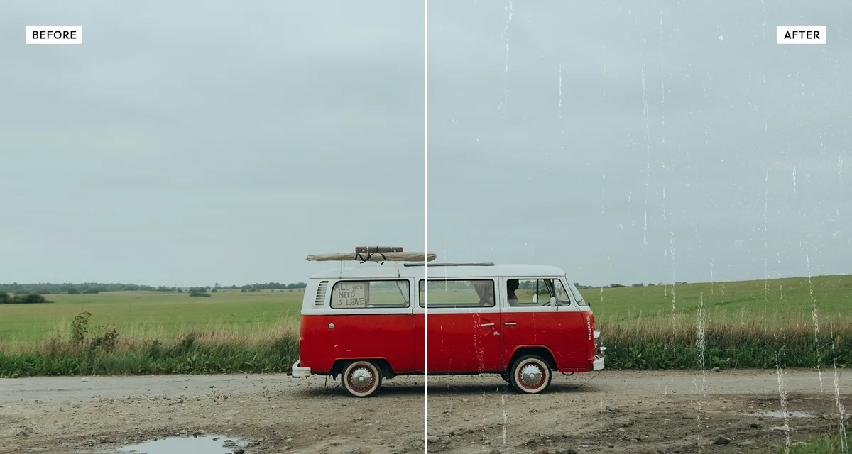 Side-by-side comparison: a photograph before, and after the texturizer effect overlays scanned scratches, dust and grunge texture