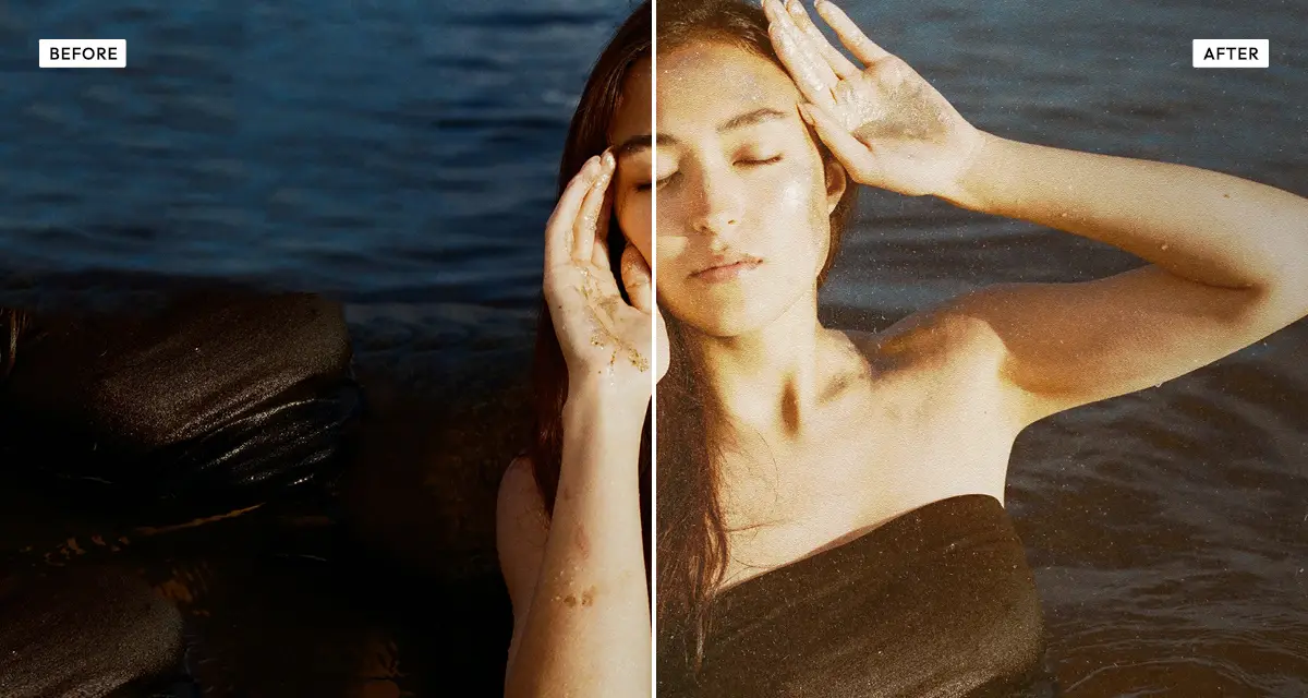 Side-by-side comparison: a photograph before, and after the vintage effect layers analog paper texture, dust and scratches over it