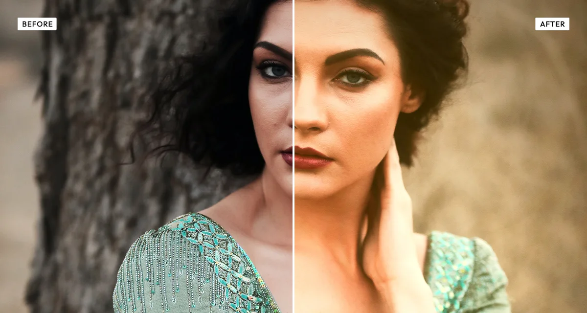 Side-by-side comparison: a portrait before, and after the warm portrait effect adds golden-hour warmth to the skin tones and a soft highlight glow
