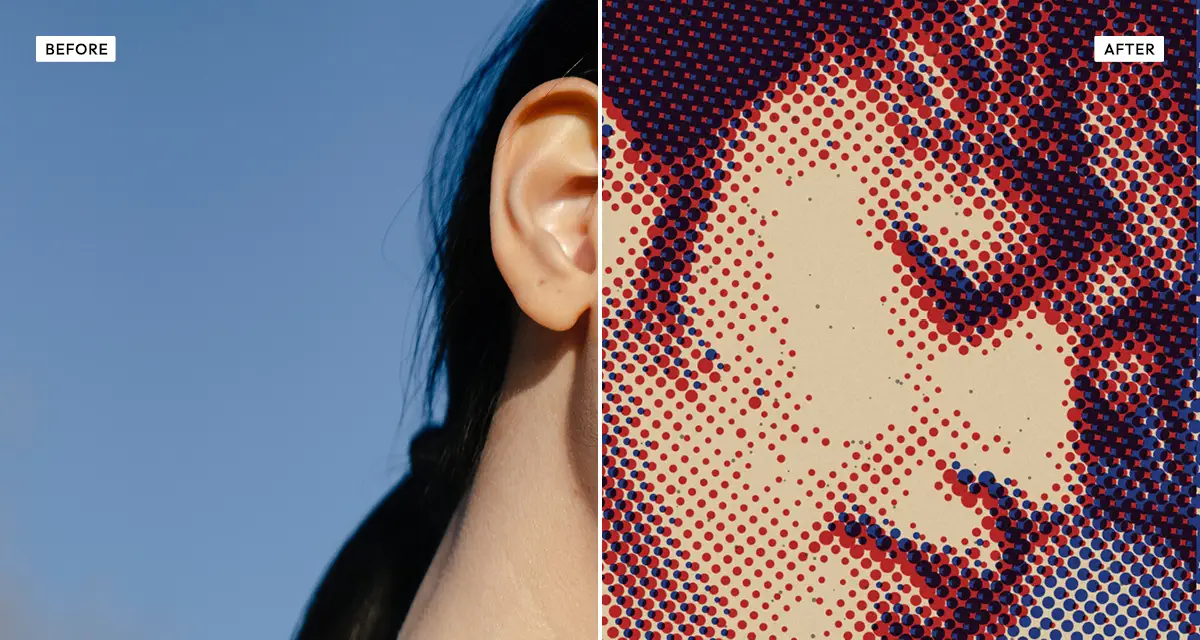 Side-by-side comparison: a portrait before, and after the duo halftone effect rebuilds the face from two colours of printed dots