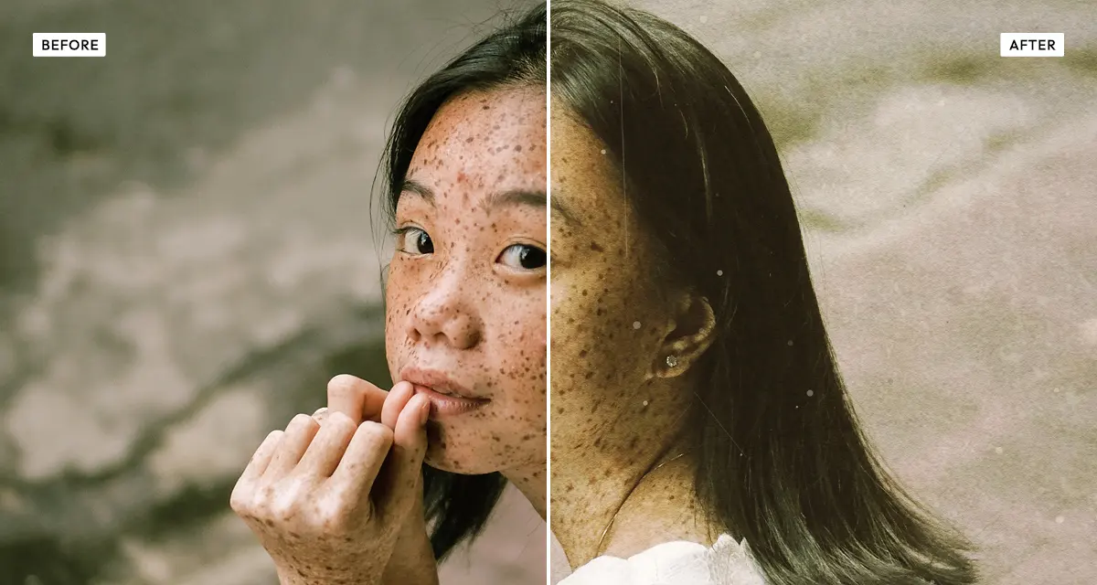 Side-by-side comparison: a portrait before, and after the Polaroid effect adds warm instant-film colour, fade and grain