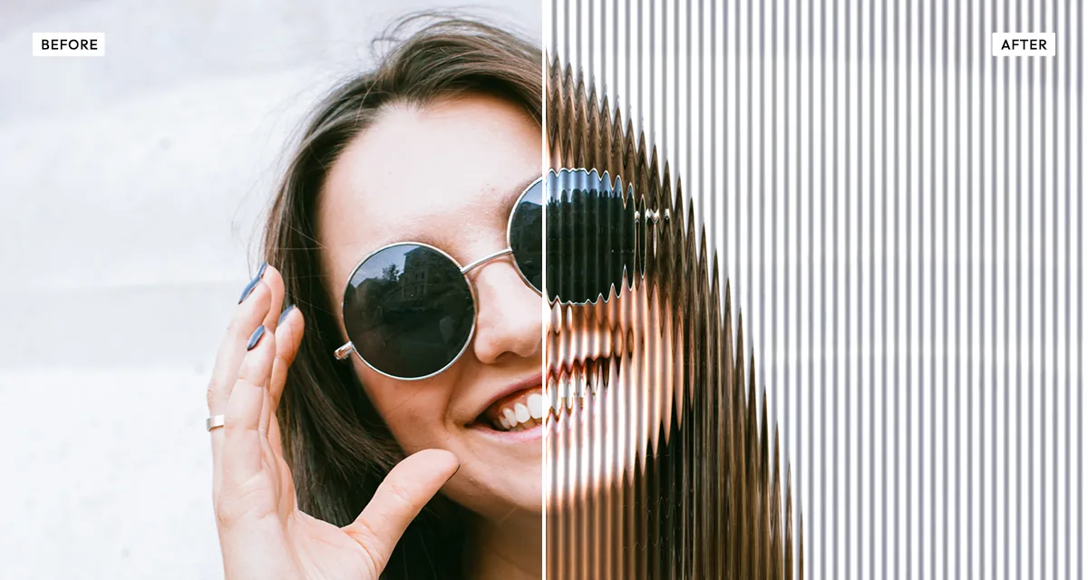 Side-by-side comparison: a portrait before, and after the reeded glass effect slices the face into refracted vertical ribs