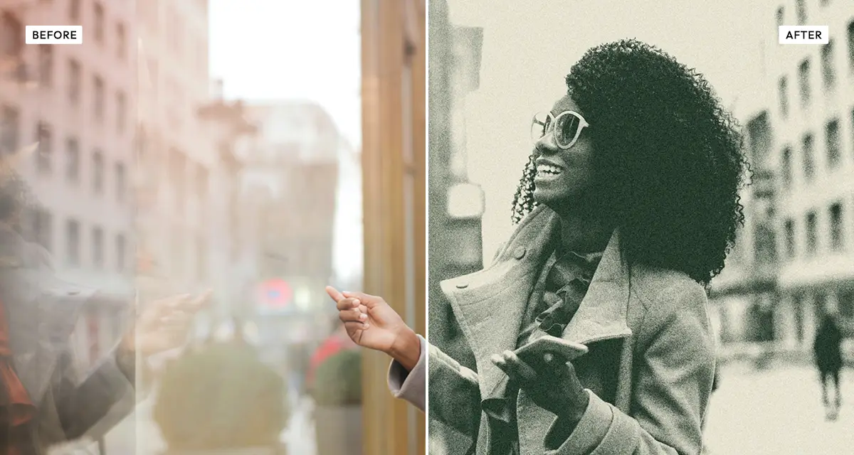 Side-by-side comparison: a portrait before, and after the risograin effect reduces it to one flat ink with heavy grain