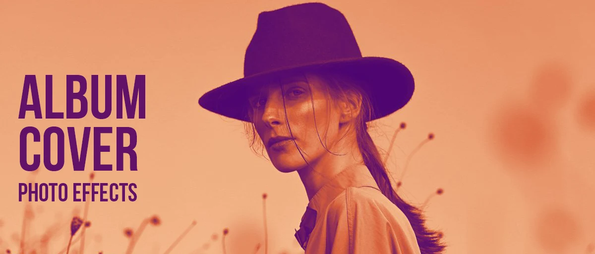 A portrait of a woman in a wide-brimmed hat, rendered as a two-colour duotone in deep purple and warm peach. Overlaid text reads: Album Cover Photo Effects