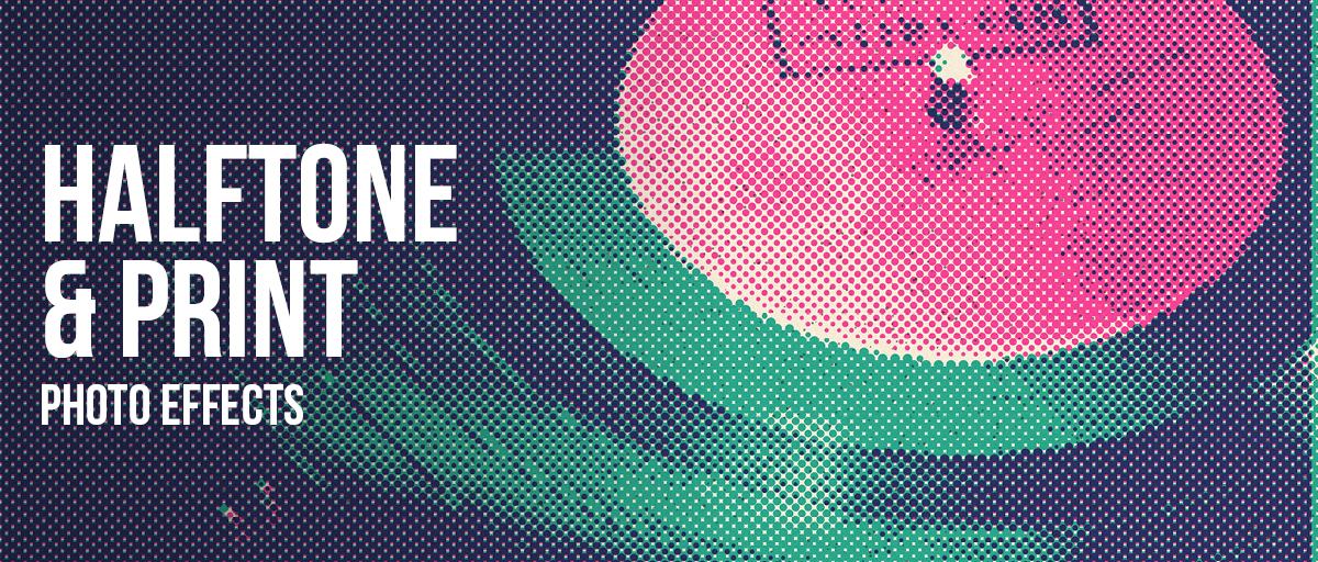 A vinyl record rendered in coarse pink and green halftone dots on a deep navy background. Overlaid text reads: Halftone and Print Photo Effects