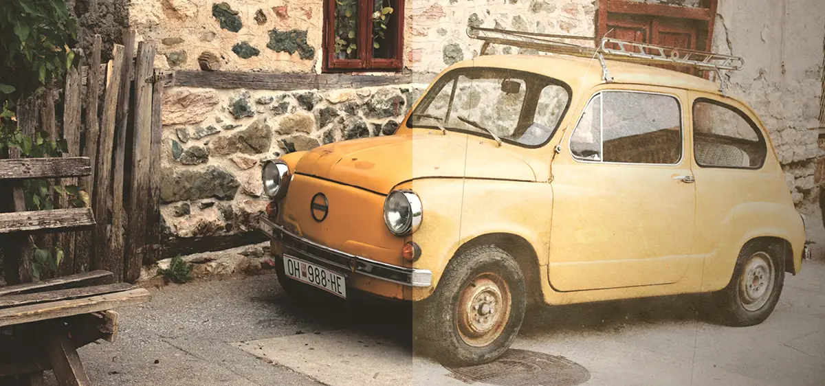 The same photograph of a yellow Fiat 600 split down the middle — the untreated original on the left, and on the right the same frame warmed, faded and grained to look like an old print