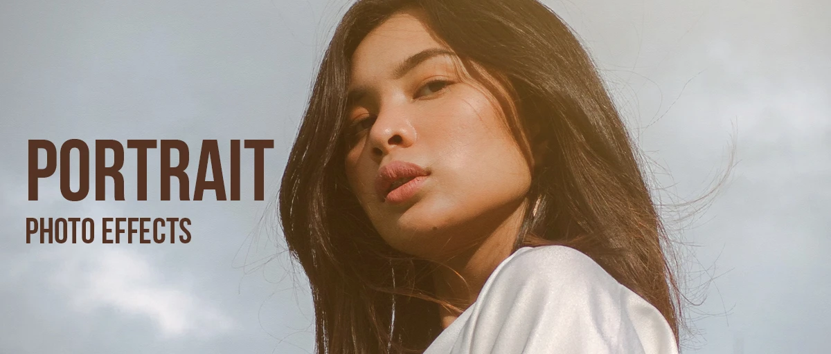 A close portrait of a young woman with long dark hair against an overcast sky, warm-toned and softly lit. Overlaid text reads: Portrait Photo Effects