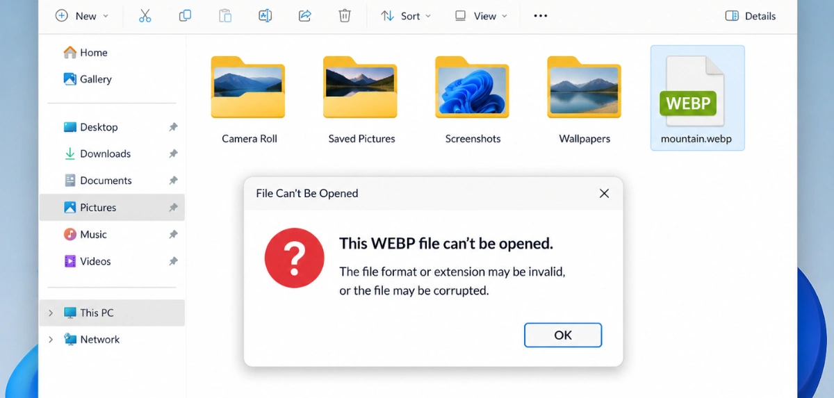 A Windows File Explorer window with a file named mountain.webp selected, and an error dialog over it reading: This WEBP file can't be opened. The file format or extension may be invalid, or the file may be corrupted